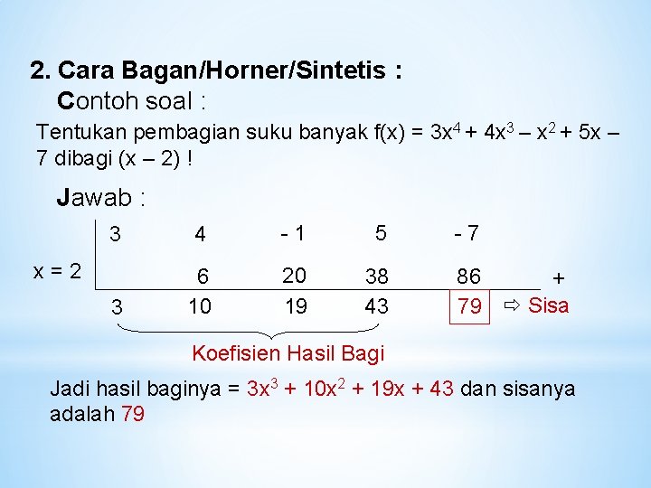 2. Cara Bagan/Horner/Sintetis : Contoh soal : Tentukan pembagian suku banyak f(x) = 3