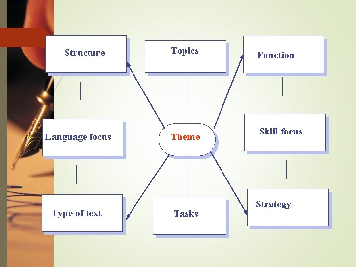 Structure Language focus Type of text Topics Theme Tasks Function Skill focus Strategy 
