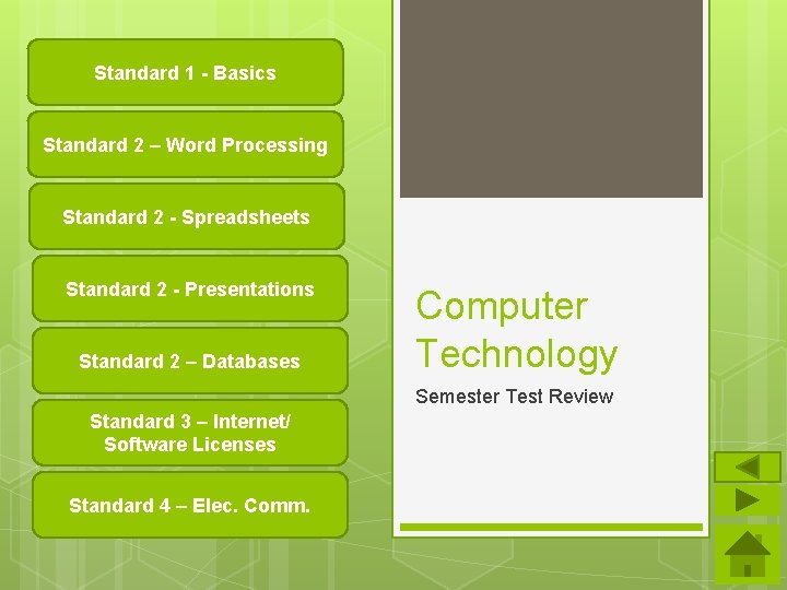 Standard 1 - Basics Standard 2 – Word Processing Standard 2 - Spreadsheets Standard