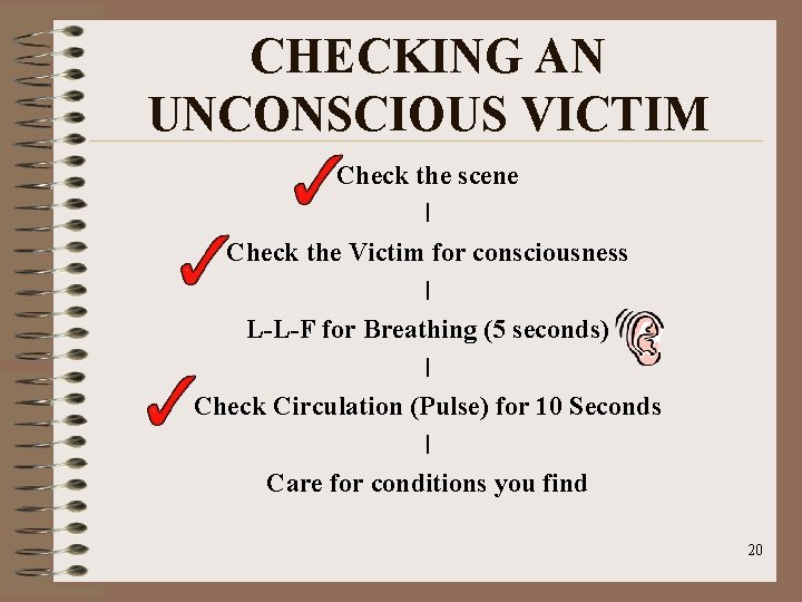 CHECKING AN UNCONSCIOUS VICTIM Check the scene I Check the Victim for consciousness I