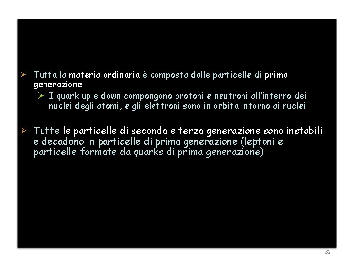 Ø Tutta la materia ordinaria è composta dalle particelle di prima generazione Ø I