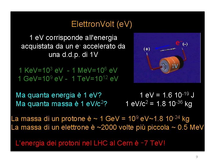 Elettron. Volt (e. V) 1 e. V corrisponde all'energia acquistata da un e- accelerato