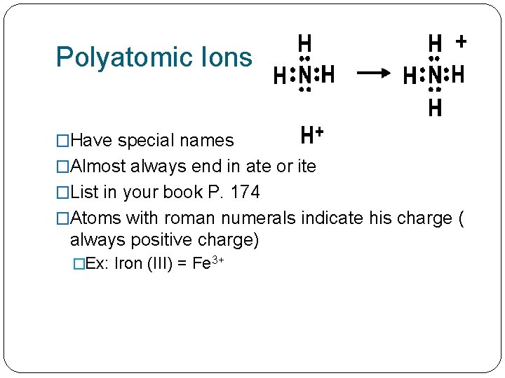 Polyatomic Ions �Have special names �Almost always end in ate or ite �List in