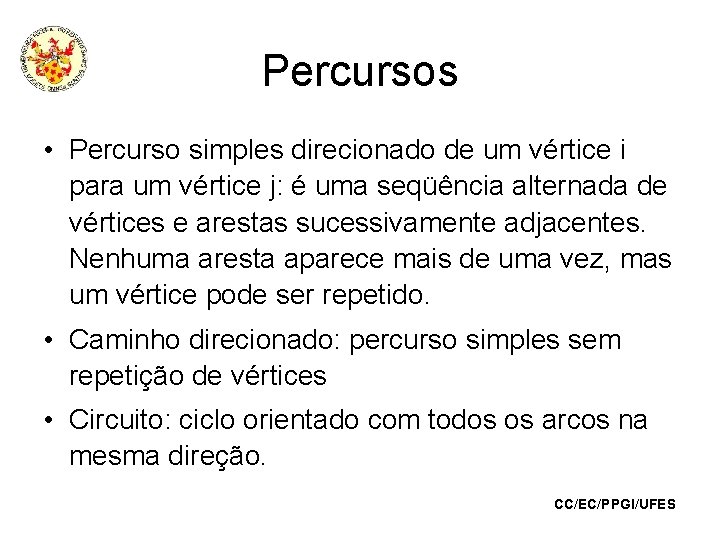 Percursos • Percurso simples direcionado de um vértice i para um vértice j: é