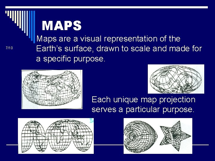 MAPS 7/10 Maps are a visual representation of the Earth’s surface, drawn to scale