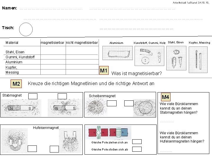 Arbeitsblatt 1 a. Stand: 24. 10, Namen: ……………………………. . ………………………………. . Tisch: ……………………… Material