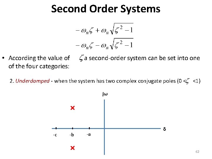 Second Order Systems • According the value of of the four categories: , a