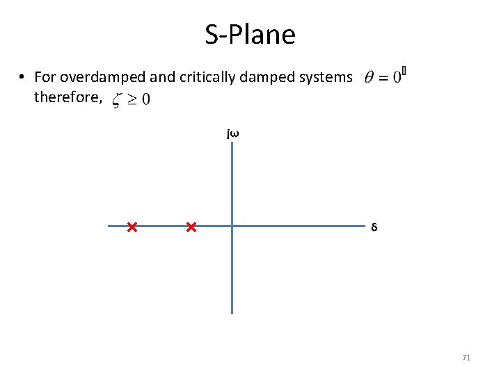 S-Plane • For overdamped and critically damped systems therefore, jω δ 71 