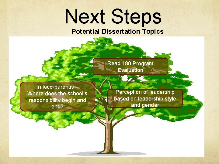 Next Steps Potential Dissertation Topics Read 180 Program Evaluation In loco-parentis – Where does
