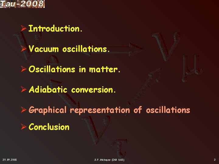 Ø Introduction. Ø Vacuum oscillations. Ø Oscillations in matter. Ø Adiabatic conversion. Ø Graphical