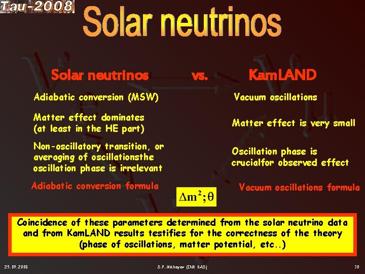 Solar neutrinos vs. Kam. LAND Adiabatic conversion (MSW) Vacuum oscillations Matter effect dominates (at