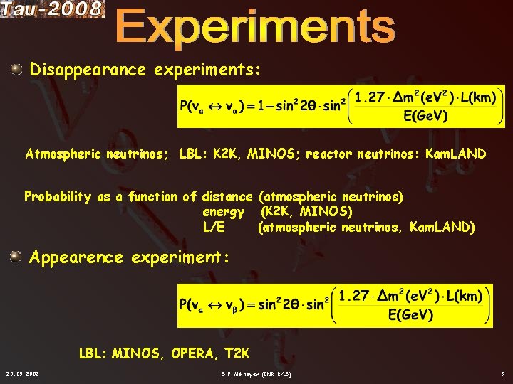 Disappearance experiments: Atmospheric neutrinos; LBL: K 2 K, MINOS; reactor neutrinos: Kam. LAND Probability