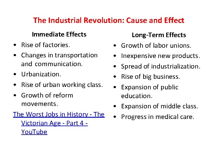 The Industrial Revolution: Cause and Effect Immediate Effects • Rise of factories. • Changes The Industrial Revolution: Cause and Effect Immediate Effects • Rise of factories. • Changes