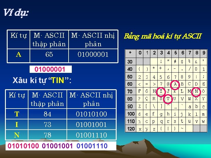 VÝ dô: KÝ tù M· ASCII nhÞ thËp ph©n A 65 01000001 X©u kÝ