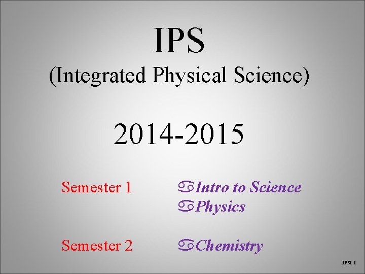 IPS (Integrated Physical Science) 2014 -2015 Semester 1 Intro to Science Physics Semester 2