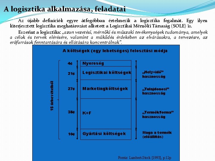 A logisztika alkalmazása, feladatai Az újabb definíciók egyre átfogóbban értelmezik a logisztika fogalmát. Egy