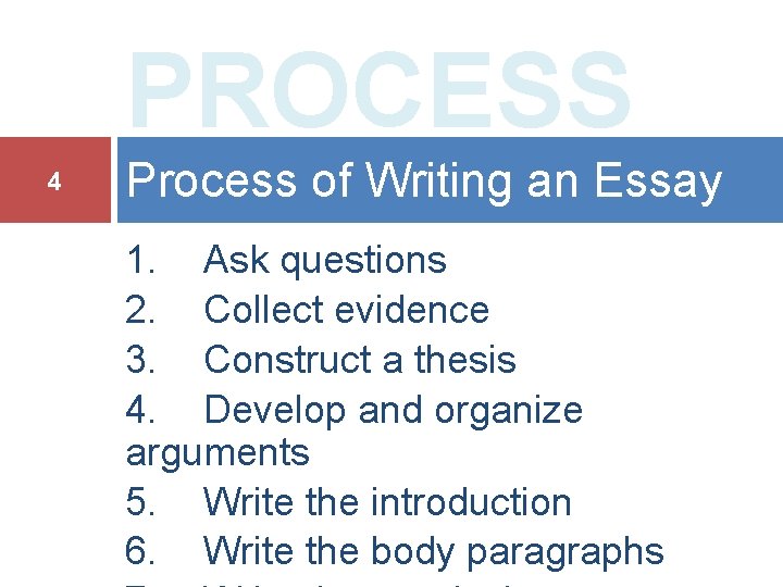 PROCESS 4 Process of Writing an Essay 1. Ask questions 2. Collect evidence 3.