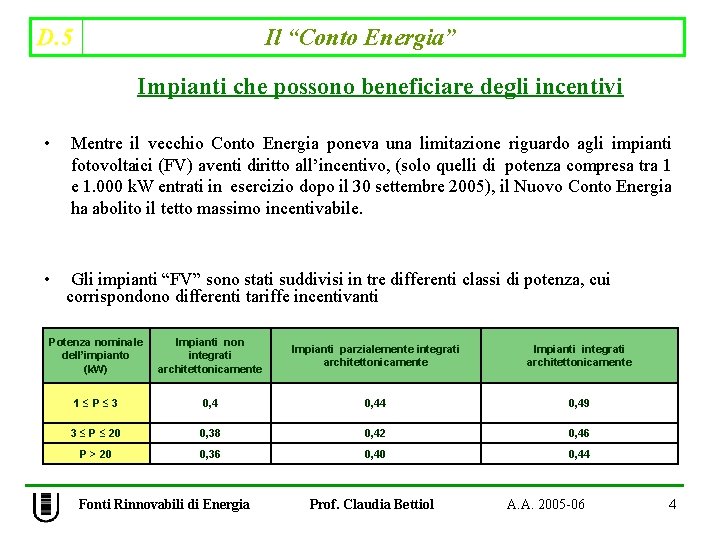 D. 5 Il “Conto Energia” Impianti che possono beneficiare degli incentivi • Mentre il