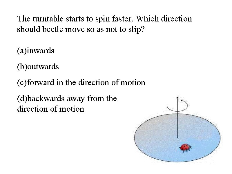 The turntable starts to spin faster. Which direction should beetle move so as not