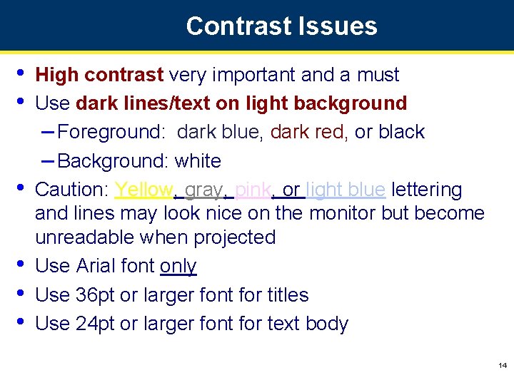 Contrast Issues • • • High contrast very important and a must Use dark