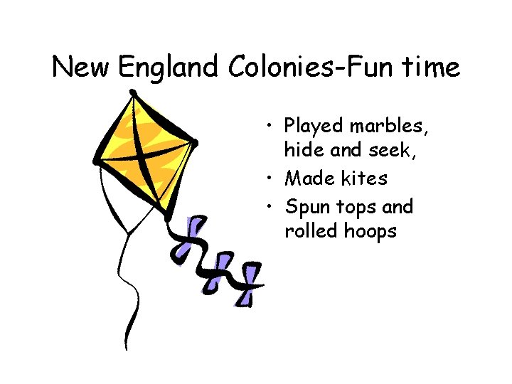 New England Colonies-Fun time • Played marbles, hide and seek, • Made kites • New England Colonies-Fun time • Played marbles, hide and seek, • Made kites •