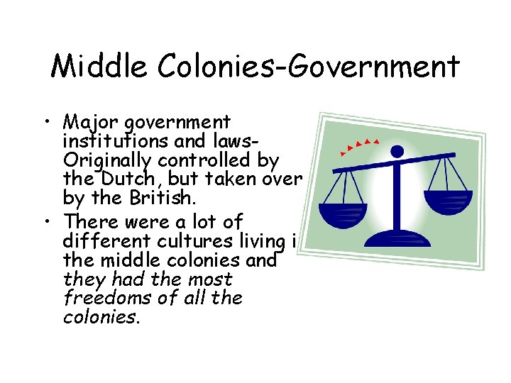 Middle Colonies-Government • Major government institutions and laws. Originally controlled by the Dutch, but Middle Colonies-Government • Major government institutions and laws. Originally controlled by the Dutch, but