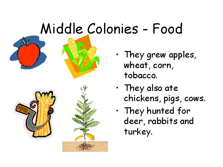 Middle Colonies - Food • They grew apples, wheat, corn, tobacco. • They also Middle Colonies - Food • They grew apples, wheat, corn, tobacco. • They also