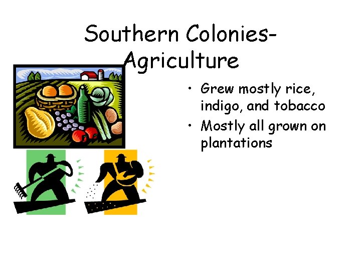 Southern Colonies. Agriculture • Grew mostly rice, indigo, and tobacco • Mostly all grown Southern Colonies. Agriculture • Grew mostly rice, indigo, and tobacco • Mostly all grown
