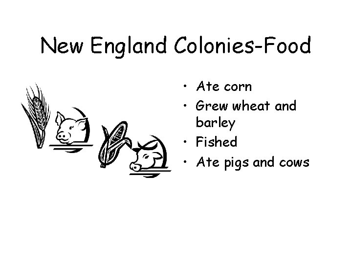 New England Colonies-Food • Ate corn • Grew wheat and barley • Fished • New England Colonies-Food • Ate corn • Grew wheat and barley • Fished •