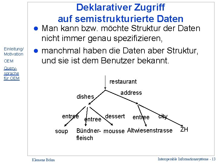 Deklarativer Zugriff auf semistrukturierte Daten Man kann bzw. möchte Struktur der Daten nicht immer