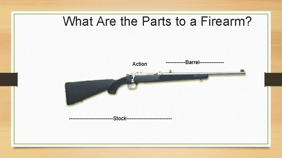 What Are the Parts to a Firearm? Action ------Barrel-------------Stock------------- 