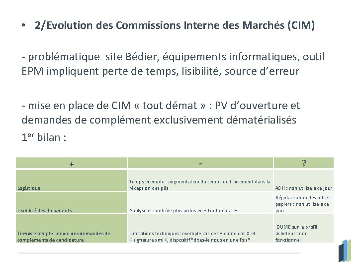  • 2/Evolution des Commissions Interne des Marchés (CIM) - problématique site Bédier, équipements