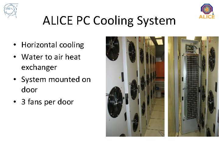 ALICE PC Cooling System • Horizontal cooling • Water to air heat exchanger •