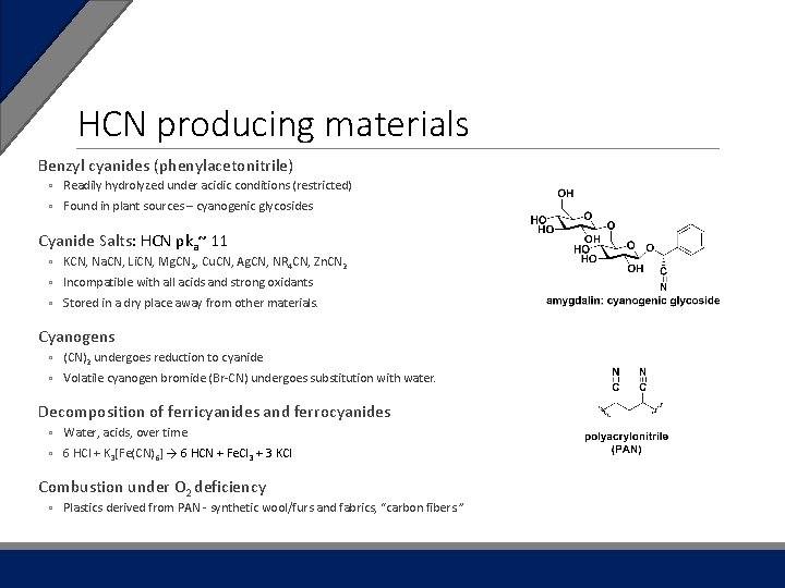 HCN producing materials Benzyl cyanides (phenylacetonitrile) ◦ Readily hydrolyzed under acidic conditions (restricted) ◦