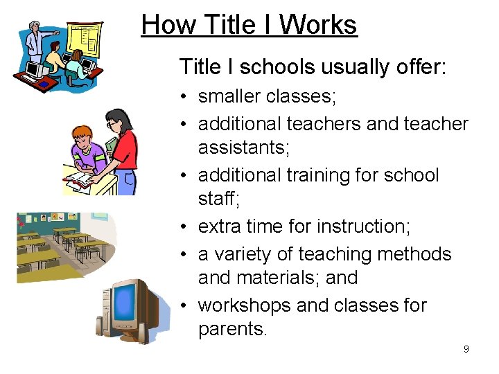 How Title I Works Title I schools usually offer: • smaller classes; • additional
