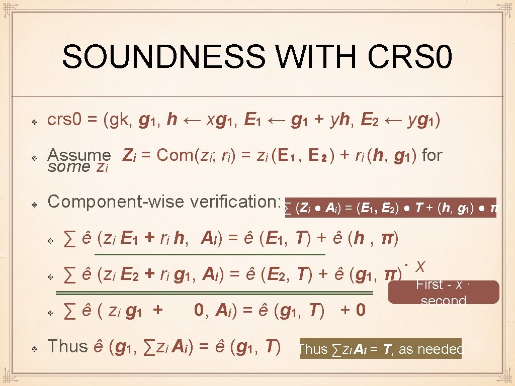 SOUNDNESS WITH CRS 0 crs 0 = (gk, g 1, h ← xg 1,