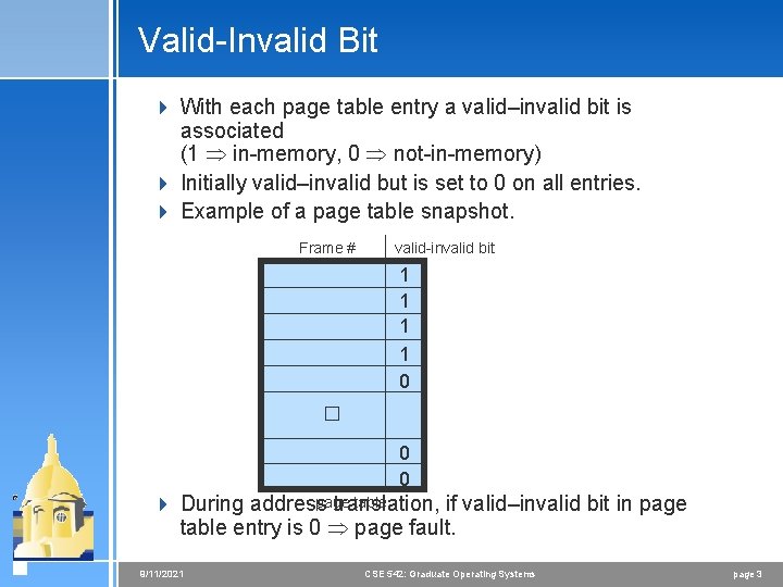 Valid-Invalid Bit 4 With each page table entry a valid–invalid bit is associated (1