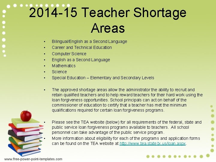 2014 -15 Teacher Shortage Areas • • Bilingual/English as a Second Language Career and