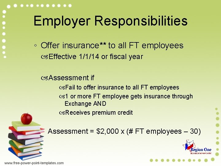 Employer Responsibilities ◦ Offer insurance** to all FT employees Effective 1/1/14 or fiscal year Employer Responsibilities ◦ Offer insurance** to all FT employees Effective 1/1/14 or fiscal year
