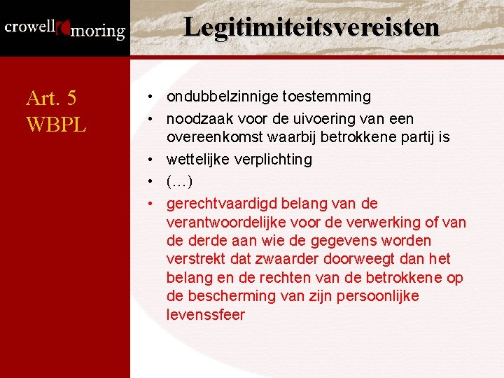 Legitimiteitsvereisten Art. 5 WBPL • ondubbelzinnige toestemming • noodzaak voor de uivoering van een Legitimiteitsvereisten Art. 5 WBPL • ondubbelzinnige toestemming • noodzaak voor de uivoering van een