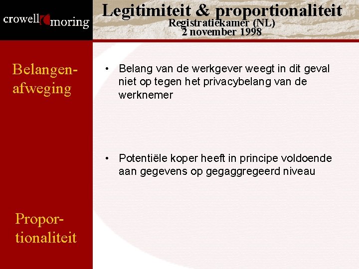 Legitimiteit & proportionaliteit Registratiekamer (NL) 2 november 1998 Belangenafweging • Belang van de werkgever Legitimiteit & proportionaliteit Registratiekamer (NL) 2 november 1998 Belangenafweging • Belang van de werkgever
