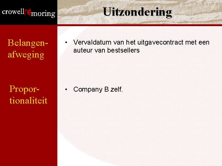 Uitzondering Belangenafweging • Vervaldatum van het uitgavecontract met een auteur van bestsellers Proportionaliteit • Uitzondering Belangenafweging • Vervaldatum van het uitgavecontract met een auteur van bestsellers Proportionaliteit •