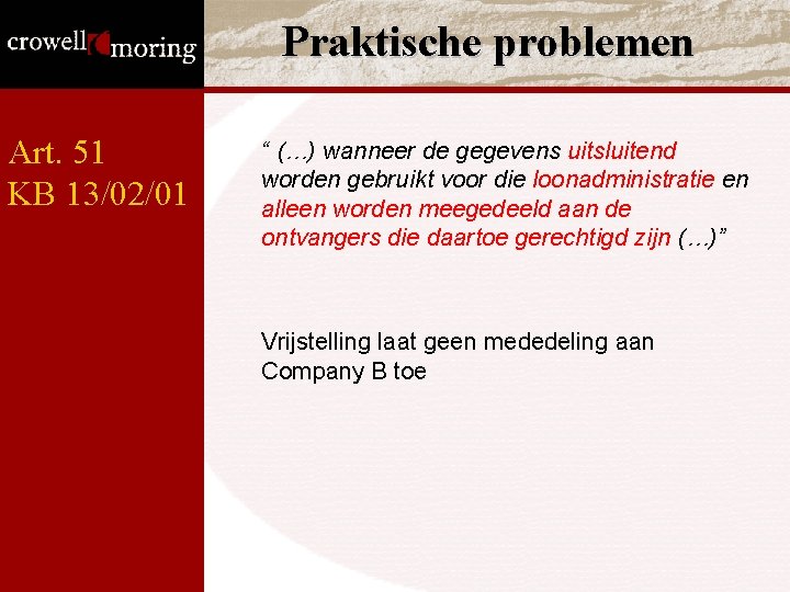 Praktische problemen Art. 51 KB 13/02/01 “ (…) wanneer de gegevens uitsluitend worden gebruikt Praktische problemen Art. 51 KB 13/02/01 “ (…) wanneer de gegevens uitsluitend worden gebruikt