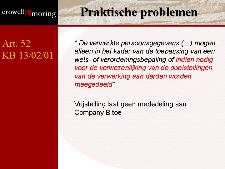 Praktische problemen Art. 52 KB 13/02/01 “ De verwerkte persoonsgegevens (…) mogen alleen in Praktische problemen Art. 52 KB 13/02/01 “ De verwerkte persoonsgegevens (…) mogen alleen in