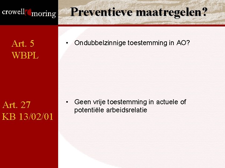 Preventieve maatregelen? Art. 5 WBPL Art. 27 KB 13/02/01 • Ondubbelzinnige toestemming in AO? Preventieve maatregelen? Art. 5 WBPL Art. 27 KB 13/02/01 • Ondubbelzinnige toestemming in AO?