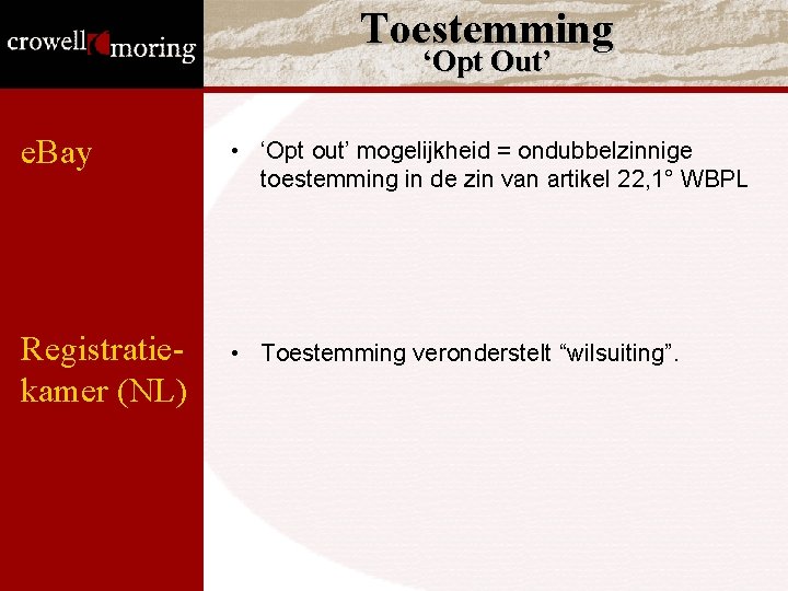 Toestemming ‘Opt Out’ e. Bay • ‘Opt out’ mogelijkheid = ondubbelzinnige toestemming in de Toestemming ‘Opt Out’ e. Bay • ‘Opt out’ mogelijkheid = ondubbelzinnige toestemming in de