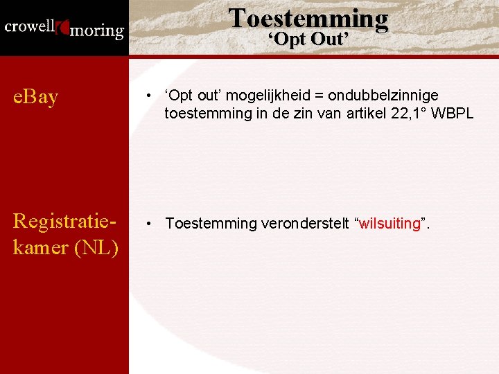 Toestemming ‘Opt Out’ e. Bay • ‘Opt out’ mogelijkheid = ondubbelzinnige toestemming in de Toestemming ‘Opt Out’ e. Bay • ‘Opt out’ mogelijkheid = ondubbelzinnige toestemming in de