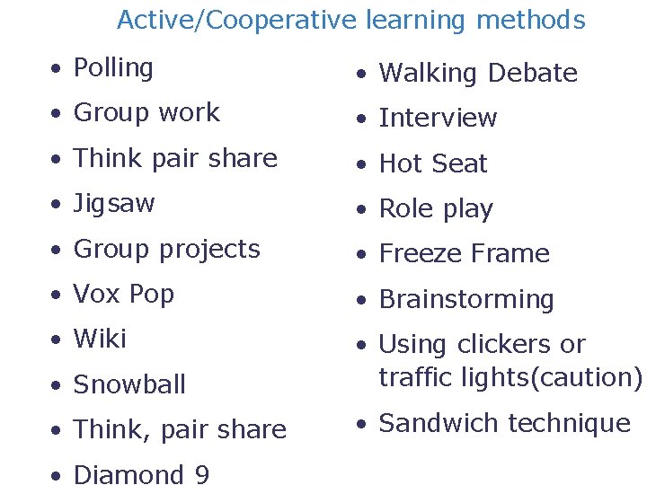 Active/Cooperative learning methods • Polling • Walking Debate • Group work • Interview •