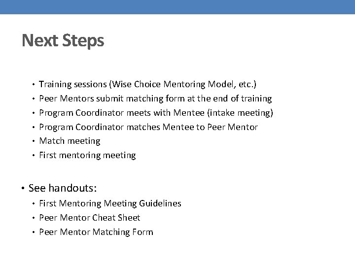 Next Steps • Training sessions (Wise Choice Mentoring Model, etc. ) • Peer Mentors