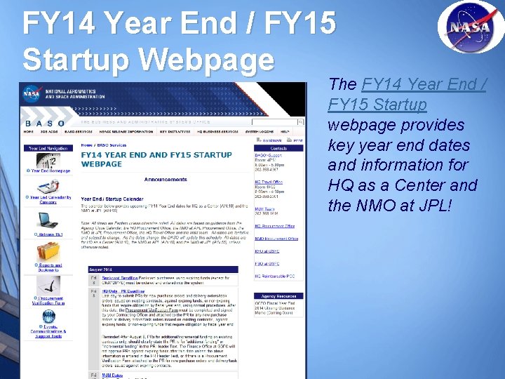 FY 14 Year End / FY 15 Startup Webpage The FY 14 Year End